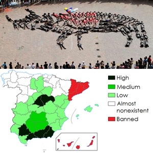 世界各地都有抗議鬥牛比賽的組織，下圖為西班牙各行政區2012年舉辦鬥牛活動的頻率。　取自網路及維基百科