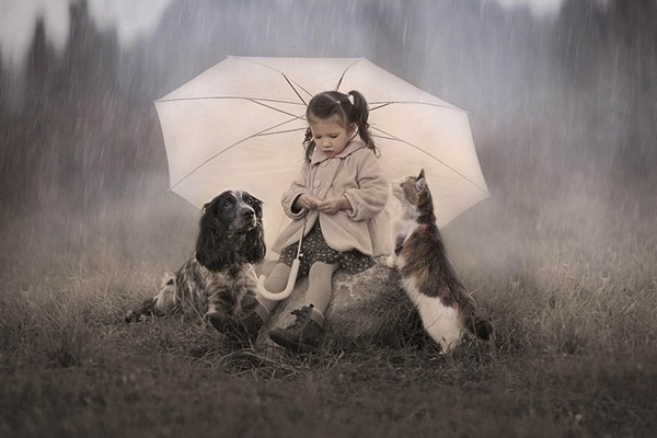 小女孩在雨中幫毛孩撐傘。　取自英國《每日郵報》